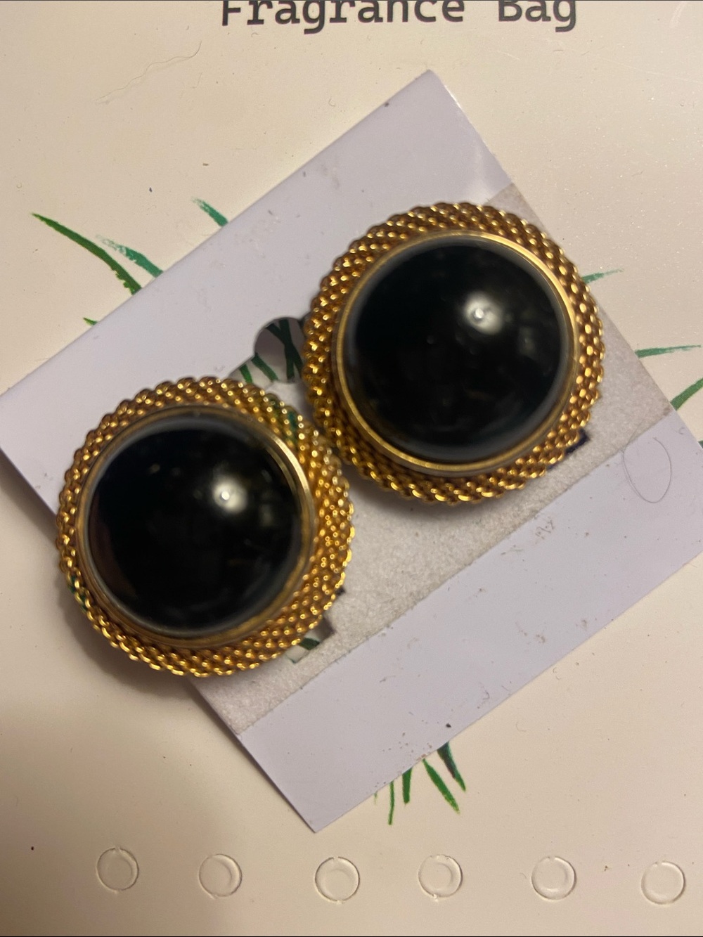 Ellen Designs Gold-Tone Black Stone Mesh Framed Round Clip-On Earrings